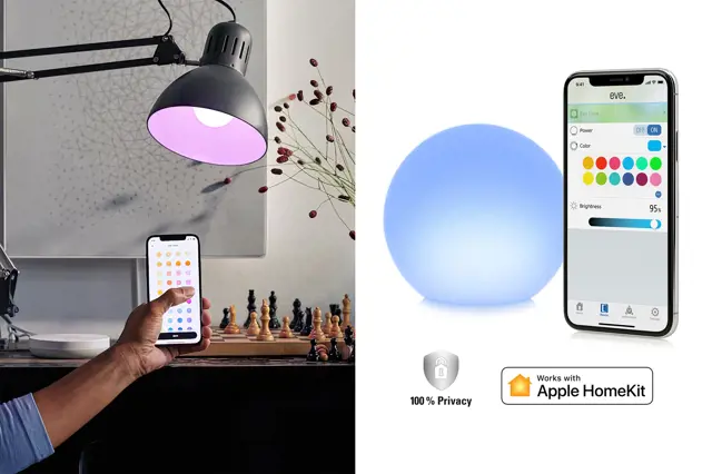 O hub Dirigera com o aplicativo Ikea Home Smart oferecerá uma gama de opções e funções digitais (à esquerda).  O design e fácil de transportar Eve Flare da empresa alemã Eve (à direita)