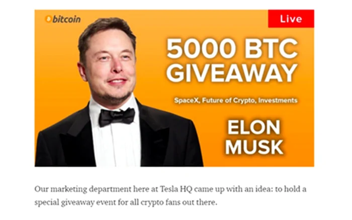 Exemplo de golpe de Bitcoin usando imagem e notoriedade de Elon Musk