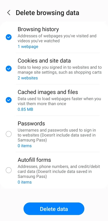 Excluir cookies de Internet da Samsung / Captura de tela